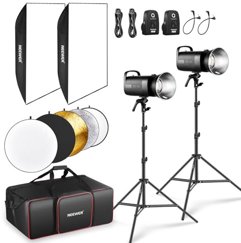 Neewer S102-400W PRO - Kit di illuminazione flash (2 pezzi) con 2 trigger da 2,4 G, 2 supporti per luce fotografica, 2 softbox, riflettore 5 in 1, borsa, 400 W GN62 5600 K 30 W LED lampada da