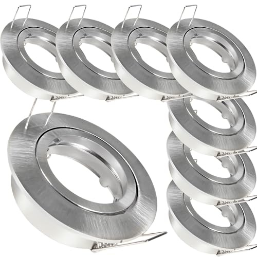 8er Set LED o. Halogen Einbaustrahler Timo für 12V und 230Volt Farbe: Edelstahl gebürstet (ohne Leuchtmittel) inkl. 230Volt GU10 und 12Volt MR16 Fassung. Spot Rund für Lochausschnitte von 68-76 mm.