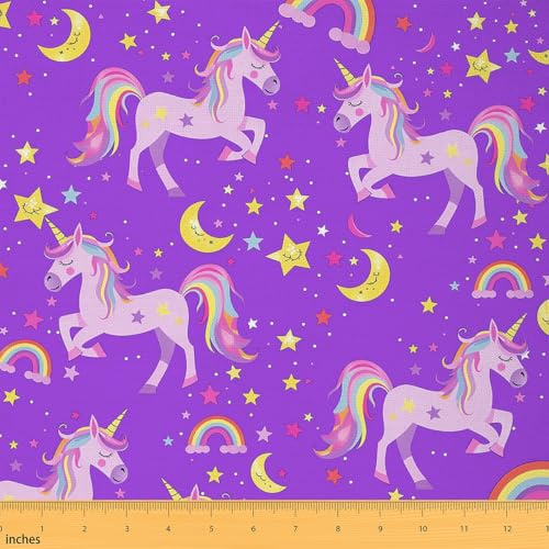 Loussiesd Einhorn Stoff 92x150cm Kinder Bunte Streifen Dekorative Patchwork Stoffe Star Drucken Stoff Meterware für Stühle Lila Stoffpaket