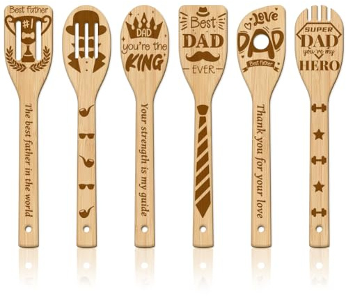 GLOBLELAND 6 Stück Holzlöffel Utensilien Set Für Väter Bambus Schnitzerei Kochutensilien Aus Holz Graviertes Kochspatel Set Für Die Küche Vatertagsgeschenke Für Väter
