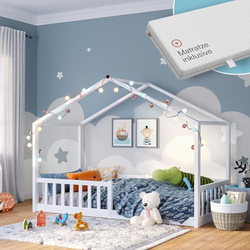 Bellabino Bia Bodenbett 90x200 cm, Weiß, mit Matratze, Kiefer Massivholz | Montessori Hausbett mit Rausfallschutz, mit Lattenrost, Kinderbett für Jungen & Mädchen, Bettgestell, Kinderzimmermöbel