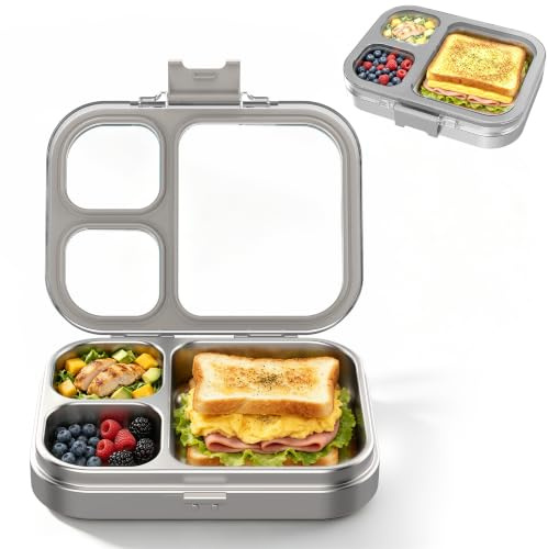 VITONIS Edelstahl Brotdose Lunchbox mit 3 Fächern, Bento Lunch Box Kinder Auslaufsicher BPA frei, Spülmaschinenfest, Perfekt für Schule, Kindergarten & Unterwegs (Grau)