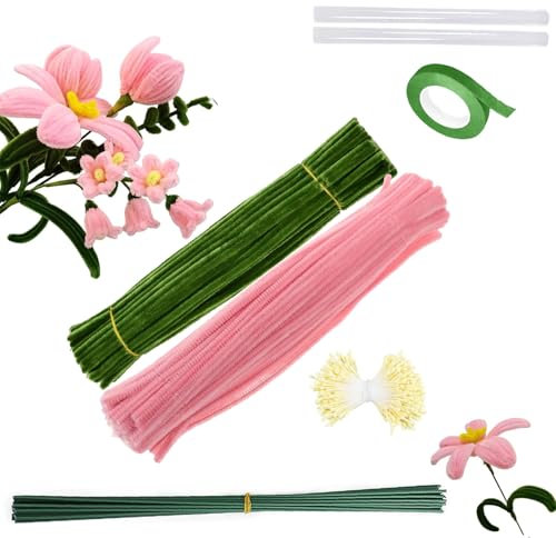 Barlone 200 Stück Lilie Pfeifenreiniger Blumen, DIY Pipe Cleaner, 2 Farben Pfeifenputzer Zum Basteln, mit 13 Stück Grün Basteldraht, Klebeband, Pfeifenreiniger Blumen Staubblatt, Klebestifte