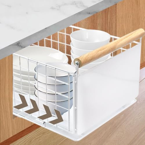 YBCCBY Organizador de Gabinete Extraíble Cajón de Almacenamiento de Cocina con Asas de Madera Cajón Deslizante Extensible Resistente con Nano Película Adhesiva sin Taladro (39,5x23,5x19,5cm) Blanco