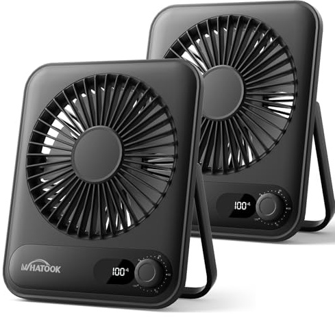 WHATOOK USB Ventilator Leise 2 Stück: Stufenlos 1-100 Regler, 5000mAh Akku Tischventilator mit Schnellladung & LED-Anzeige, Tragbarer Mini Kompaktlüfter für Büro Zuhause Camping Reise