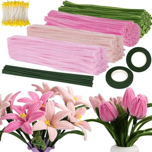 VOKABY 400 Piezas Limpiapipas Manualidades,4 Colores Limpia Pipas,400 Piezas de Estambres,20 Piezas de Alambre de Flores(Rosa)