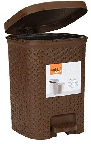 TENLITE 7 Litre Black Rattan-Style Pedal Bins with Hinged Lids & Removable Inner Buckets – Sleek Square Plastic Waste Bins for Modern Bathroom, Kitchen, Bedroom or Office - (BROWN)