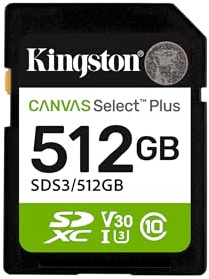 Kingston Canvas Select Plus SD Memory Card 512GB SDXC Gen3 150MB/s C10 UHS-I U3 V30 - SDS3/512GB