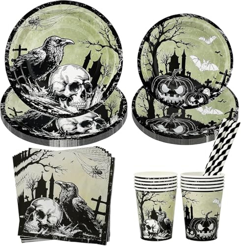 Halloween Tableware Set for 10 People - 50Pcs Decoration Paper Dinnerware With Reusable Plates, Napkins, Cups - Party Supplies and Decor