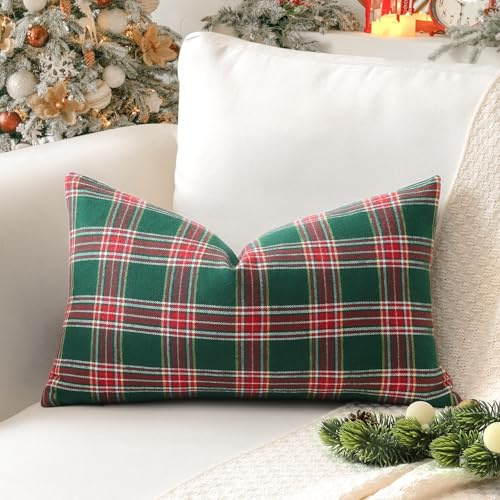 Sungeek Set of 1 Christmas Scottish Tartan Decorative Cushion Cover 40 x 60cm Soft Plaid Check Lumbar Throw Pillow Case for Sofa Couch Bed Farmhouse Patio 16x24 Inch, Green and Red