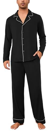 Bresdk Pyjamas herr lång med knappslå bomull långärmad pyjamasset vinter loungewear hemmadräkt, svart, M