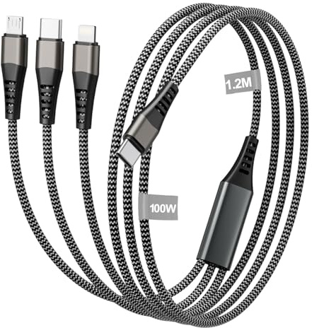 100W Câble Chargeur Multi Embout[1.2M] 3 en 1 Cable Multi Chargeur Cable USB C vers Type C [100W]+usb c vers Lightning[27W]+usb c vers Micro[10W]pour Galaxy S25/S24/S23/iPad,iPhone 17/16/15/14