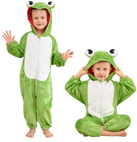 LOLANTA Kids Frog Costumes Flannel Long Sleeve Hooded Romper Jumpsuit Dress Up Clothes Birthday Gift (Frog, 4-5T)
