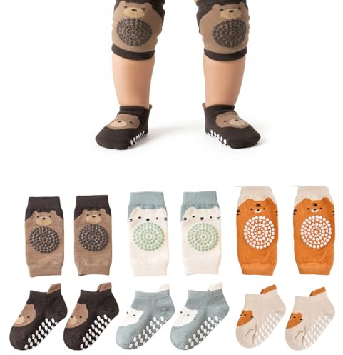 Aohyue 3 Paar Baby Knieschoner und Krabbelsocken Set, Rutschfeste Krabbelhilfe mit Gummipunkten, Weicher Knieschutz für Kleinkinder, Ideal zum Krabbeln Lernen, 0-12 Monate