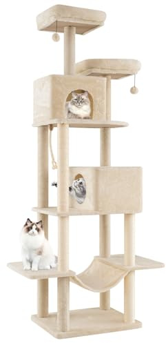 GOPLUS Árbol para Gatos de 205 CM con 8 Niveles de Peluche, Árbol con 2 Nichos Espaciosos, 2 Plataformas Acolchonadas, Rascadores, Hamaca, Pompones y Cuerda Colgante, Torre de Juegos para Gatitos