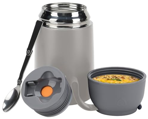 Maqash Insulated Food Flask 630 ml – Stainless Steel Thermal Soup Flask with Spoon, Leakproof Hot Food Jar for School, Work & Travel – Keeps Food Hot 12h / Cold 24h – BPA‑Free Wide Mouth - Grey