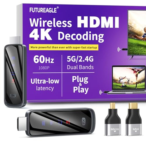 Futureagle Wireless HDMI Transmitter and Receiver 328FT/100M,4K Decode Plug & Play Portable 5G+2.4G Wireless Display Adapter Extender Kit for Video and Audio to Monitor from PC/Projector