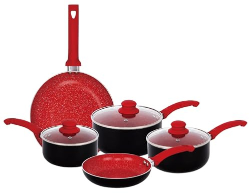 Gr8 Home Aluminium 8 Piece Marble Stone Effect Non Stick Cookware Set Ceramic Induction Frying Pan Saucepan with Lid Cooking Kitchenware (Red)