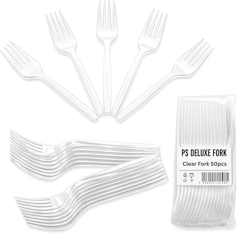 50 Clear Plastic Forks Heavy Duty Disposable Cutlery Set for Party Catering | Rigid reusable design with snap resistant tines, for weddings, buffets, barbecues, takeaways, picnics and outdoor dining