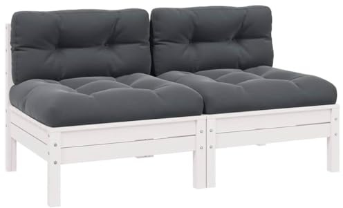 YunCangg 2-Sitzer-Gartensofa Weiß aus massivem Kiefernholz, inklusive anthrazitfarbener Kissen, 127 cm breit, für Terrasse und Balkon, modulares Outdoor-Möbelstück