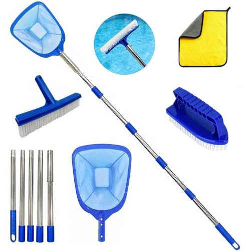 Retino per piscina con asta telescopica, lunghezza 220 cm, retino per laghetto a maglia fine, retino per piscina a maglia fine, retino per foglie con spazzola per piscina, set di pulizia per piscina