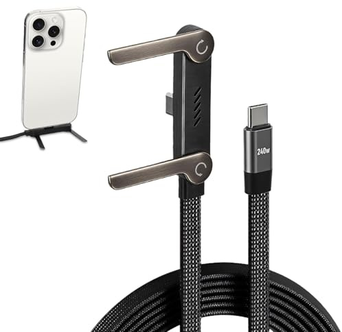 XAVURO 240W 2 in 1 USB C to USBC Charger Cable sideways with Fold able Phone Stand, 1.5M 2-in-1 Fast dual Type-C Data Charging Lead, for Invisible Stand for Gaming Office Car Travel(Black)
