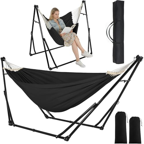 Clevich Hängematte mit Gestell, Outdoor Hängematte, Faltbar, Verstellbar | Stabiler hängematte Gestell, 231x89cm, Bis 200 kg, für Garten Balkon Camping Indoor, Tragetasche, Mehrfarbig