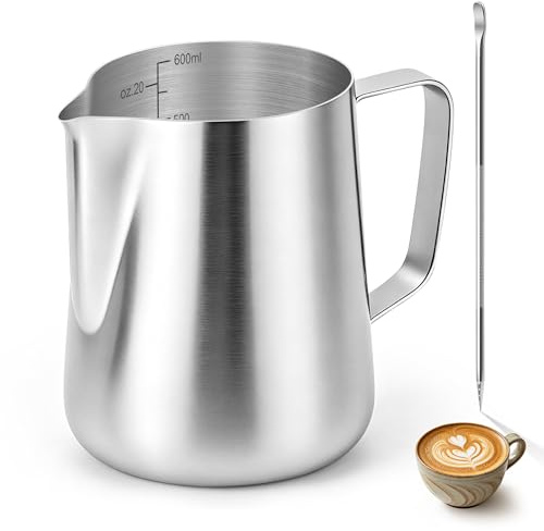 Bricco per latte in acciaio inox, 600 ml/20oz, Frullino montalatte con scala interna, Monta latte con cucchiaino incluso