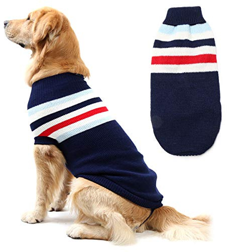 iFCOW Abrigo de suéter para Perros, clásico a Rayas para Mascotas Gatos Cachorros Chaqueta de Tejido Suave suéter cálido Ropa de Invierno Ropa (20 Pulgadas, Raya Azul)