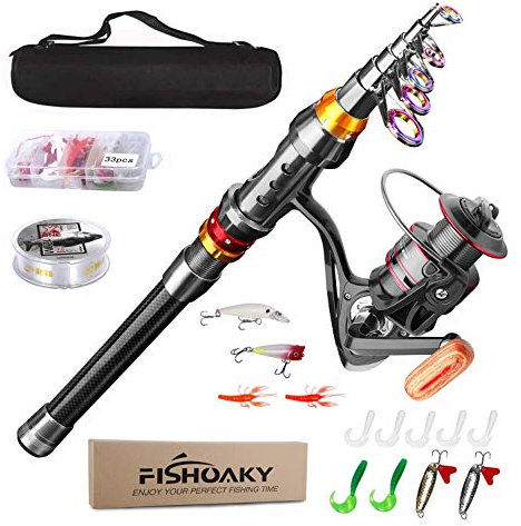 Angelrute Set Komplett, FISHOAKY Carbon Fiber Angelruten Teleskoprute und Spule Combo Kit mit Angelschnur Angelköder Set und Tragetasche für Kinder Erwachsene Salzwasser Süßwasse Fishing, 2,4M