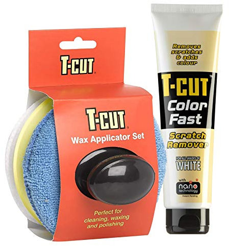 T-Cut Colour Fast White Car Wax Polish Scratch Remover Colour Enhancer - 150g plus a Wax Applicator Set with Handle * 6 Colours Available