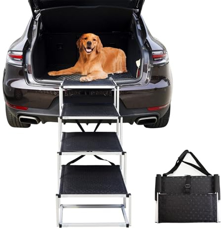 Bounabay hundetreppe große Hunde - Hundetreppe Auto 4 Stufen - Klappbare Aluminium Hundetreppe Ultra-Leicht - Hochwertige Autotreppe für Hunde bis 70kg