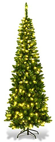 COSTWAY Arbol de Navidad Slim/Estrecho 225cm, 350 Luces LED Blanco Cálido, Agujas en PVC de 1085 Ramas, Arbol de Navidad con Luces Incorporadas, Arvore de Natal Hogar Fiesta Interior (225 cm)