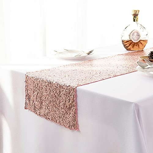 Glitzernder Tischläufer mit runden Pailletten, Tischläufer, Tischdecke für Hochzeit, Weihnachten, Bankett, Party, Esszimmer, Kaffeetisch, Dekoration, 30 x 250 cm, Roségold
