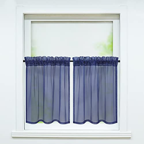 Delien Voile 2er Set Scheibengardinen Kurzgardinen Küche Café Kurzvorhang Landhausstil Modern Bistrogardine Einfachheit Transparente Einfarbige Vorhang Kurzstores mit Tunnelzug BxH 76x92cm,Dunkelblau