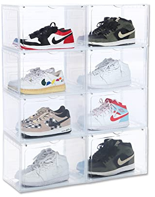 OMOPIN 8 PACK XL Shoe Storage Box,Drop Side Sneaker Display Case,Shoe Boxes Clear Plastic Stackable 13.4”x 10.6”x 8.3” Fit up to US 13 (Clear 8Pack)