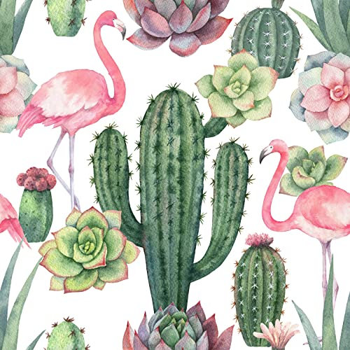 VEELIKE Kaktus Fototapete Flamingo Blumen Tapete Vintage Dekoration Schlafzimmer Schrankpapier Sukkulenten Mustertapete Klebefolie Möbel Deko Wohnzimmer Möbelfolie Kinderzimmer Wasserfest 44.5cm×300cm