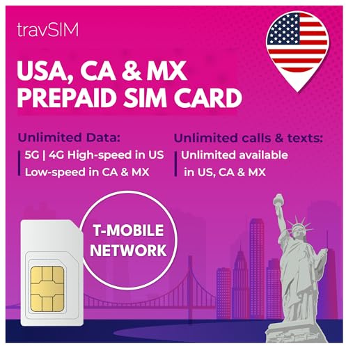 travSIM USA, Canada Mexico SIM Karte | T-Mobile-Netzwerk | 50 GB Daten für die USA, 5 GB für Kanada und Mexiko | Unbegrenzte Inlandsgespräche und SMS | Gültig für 15 Tage