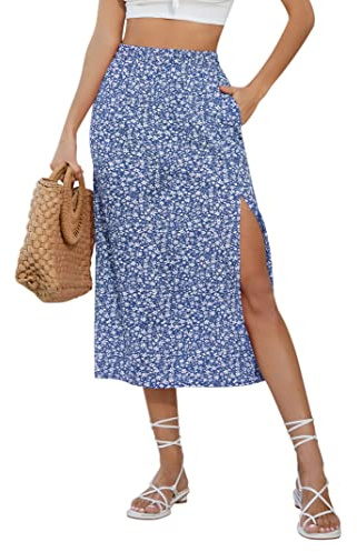 KOJOOIN Falda de mujer con hendidura acampanada, falda midi bohemia dividida falda floral floral floral falda de playa floral casual falda de cintura alta con impresión faldas (embalaje múltiple),