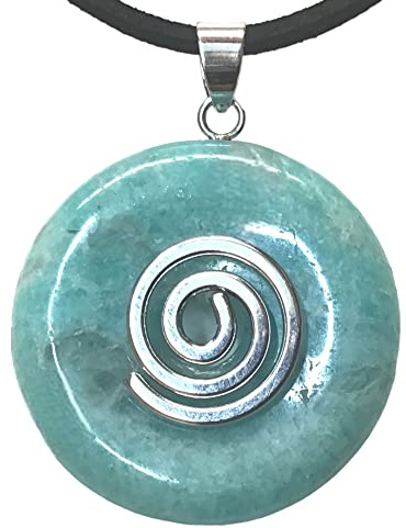Steinfixx® - Amazonit Edelstein Donut optional als Kette mit versilberter oder vergoldeter Spirale und Wildlederband | Heilstein | Edelstein | Chakra-Stein