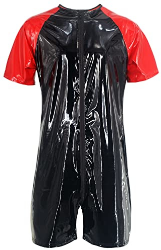 Maeau Catsuit für Herren, Lederanzug, Latex-Body, glänzendes Kunstleder, Nachtwäsche, Wet-Look, Gymnastikanzug, Schwarz, Schwarz , XL