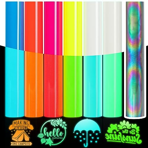 IModeur Paquete de 6 vinilos de transferencia de calor brillantes en la oscuridad y 1 paquete reflectante HTV - Vinilo para planchar de 12 x 10 pulgadas para ropa
