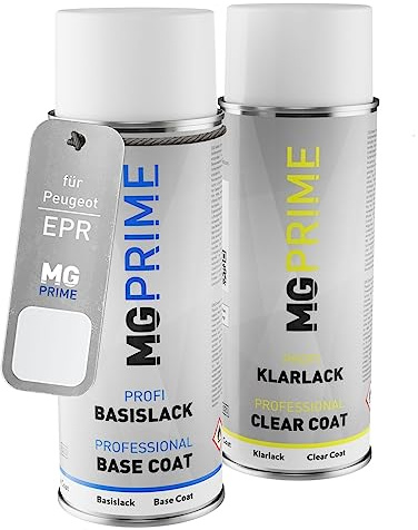 MG PRIME Autolack Set Spraydose für Peugeot EPR Blanc Icy/Eis-Weiss +1K | Set aus Basislack + Klarlack, Sprühdosen 400ml