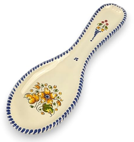 CERÁMICA GÓNFER | Soporte Reposa Cucharas Encimera de Cerámica Artesanal Pintado a Mano| Diseño Flores Col. Margarita | Cerámica de Puente del Arzobiso | LA FÁBRICA DEL BARRO (Azul)
