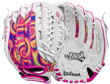 Wilson 2024 A440™ Flash™ 12” Youth Outfield Fastpitch Softball Glove - Right Hand Throw, White/Pink/Tie Dye