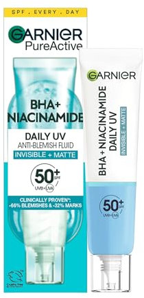 Garnier Fluido Anti-UV Con BHA e Niacinamide, SPF50+, Invisibile e Opaco, Anti-Imperfezioni, Protegge dai Danni Solari, Per Viso e Collo, Formula Vegana, 40 ml
