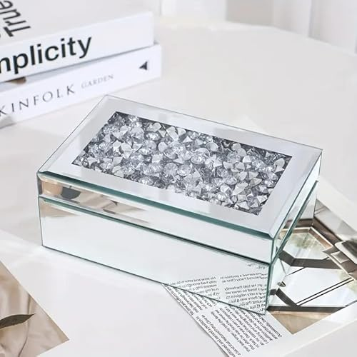 SERENA'S ® Silver krossad diamant speglat glas smyckeskrin makeup organisering förvaring kosmetisk förvaringsbox, organiserare hudvårdsprodukter, kosmetisk förvaringsbox present till födelsedag,