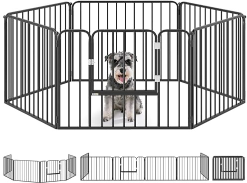 PawHut Box per Cani Taglia Media e Piccola a 6 Pannelli Modulabili da Interno ed Esterno, Cancello per Cani in Acciaio con 9 Picchetti, 164x83x60 cm, Nero