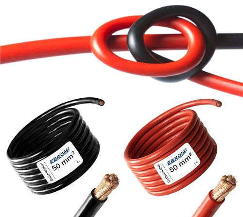 EBROM HI-FLEX - 15 Meter hochflexibles Batteriekabel - rot und schwarz - Pluskabel und Massekabel - 50mm2 | 50 mm² | 50 mm2 - Vollkupfer 99,9% OFC Kupfer Stromkabel - Ihre Länge: je 15 Meter