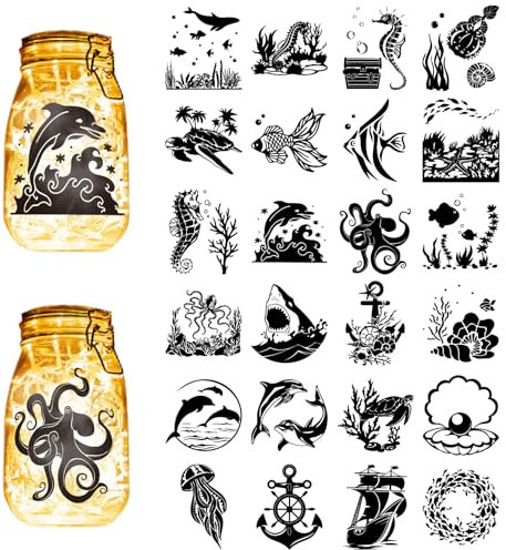 CREATCABIN 24Pcs Summer Silhouettes Mason Jar Decor Marine Organism Laser Cut Cardboard Scrapbook Cutouts Die Cuts PVC for Crafting Lantern Jars Wall Painting Windows Glass 3.9x3.5Inch-No Sticker